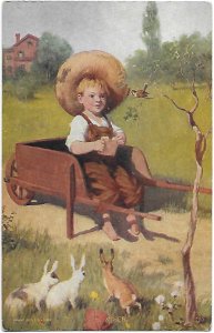 Adorable Little Farm Boy in  Wheelbarrow with Bunnies 1907