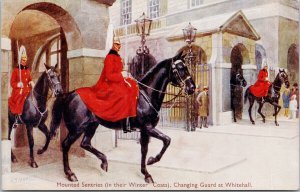 Mounted Sentries (Winter Coats) Changing Guard at Whitehall London Postcard G86
