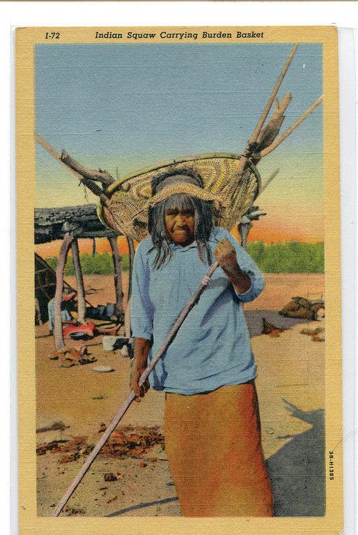 Native American Indian Woman Carrying Burden Basket linen postcard