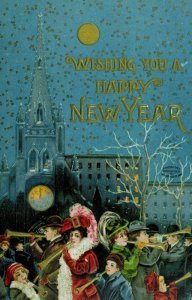 C. 1910 Moonlit Snow Reveler's Church New Years Postcard P95