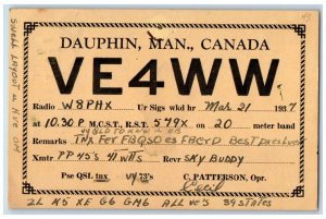 1937 Ham Radio QSL VE4WW Dauphin Manitoba Canada Vintage Posted Postcard