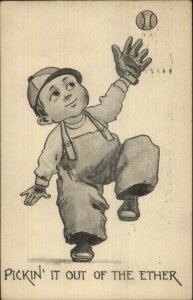 Baseball Comic Boy Wearing Glove Catching Ball OUT OF THE ETHER c1910 Postcard