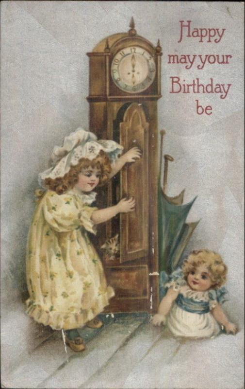 Children Little Girls Bonnet - Grandfather Clock Winsch Birthday Postcard