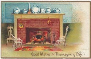 THANKSGIVING, 1900-10s; Brick fireplace, Black Pot