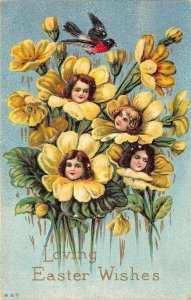 Loving Easter Wishes Girls' Heads In Flowers, Embossed, Vintage Postcard U14139