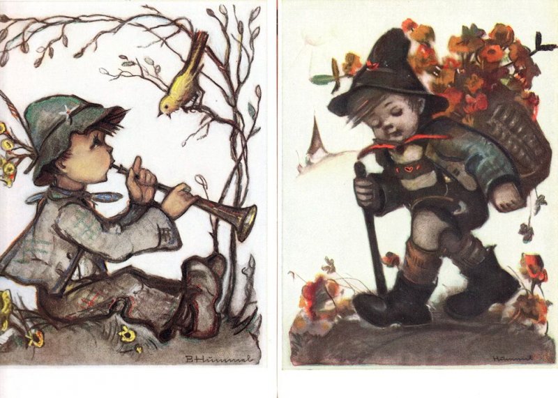 German Pied Piper Boy Charming Birds Hiking 2x 1960s Postcard s