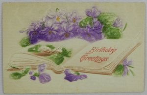 Birthday Greetings with Town Church and Purple Flowers - Posted Vintage Postcard