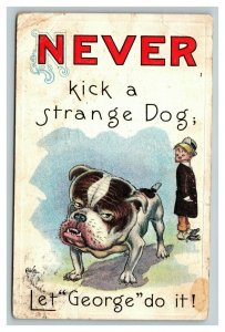 Vintage 1914 Comic Postcard - Never Kick a Strange Dog - Bulldog Will Bite