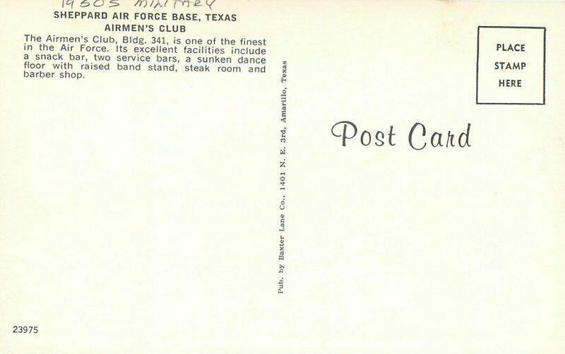 Airmen Club Sheppard Air Force Base 1950s Postcard Texas Baxter 5816