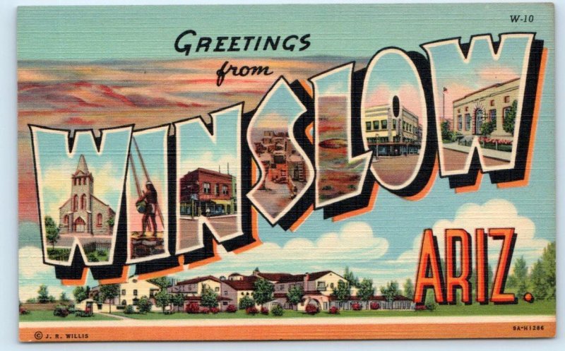 Greetings From WINSLOW, AZ Arizona ~ LARGE LETTER LINEN Route 66 Town Postcard 