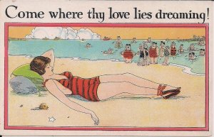 Sexy Woman on Beach, Humor, Comic 1915-30, Beautiful Girl, Swimsuit, Risque