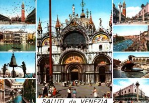 VINTAGE CONTINENTAL SIZE POSTCARD SALUTI VENEZIA ITALY MULTIVIEWS