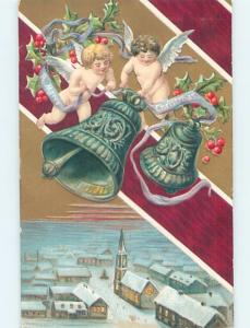 Pre-Linen Christmas ANGELS RING LARGE BELLS OVER THE TOWN HL7097