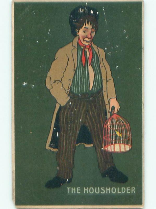 Pre-Linen Comic MAN CARRYING ANTIQUE BIRD CAGE AB8676