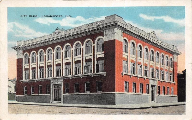 Logansport Indiana~City Building & Street Corner~1920s Postcard