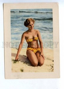 201803 Woman in Swimsuit on sand Vintage postcard