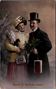 Romantic Victorian Couple Happy New Year Vintage RPPC C001