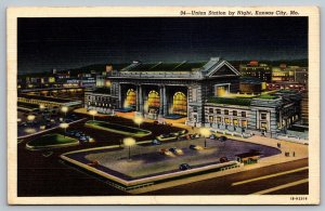 Railroad Locomotive Postcard - Union Station By Night - Kansas City, Missouri