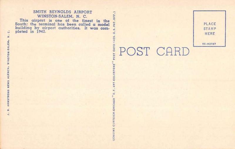 Winston Salem North Carolina Smith Reynolds Airport Antique Postcard K103312