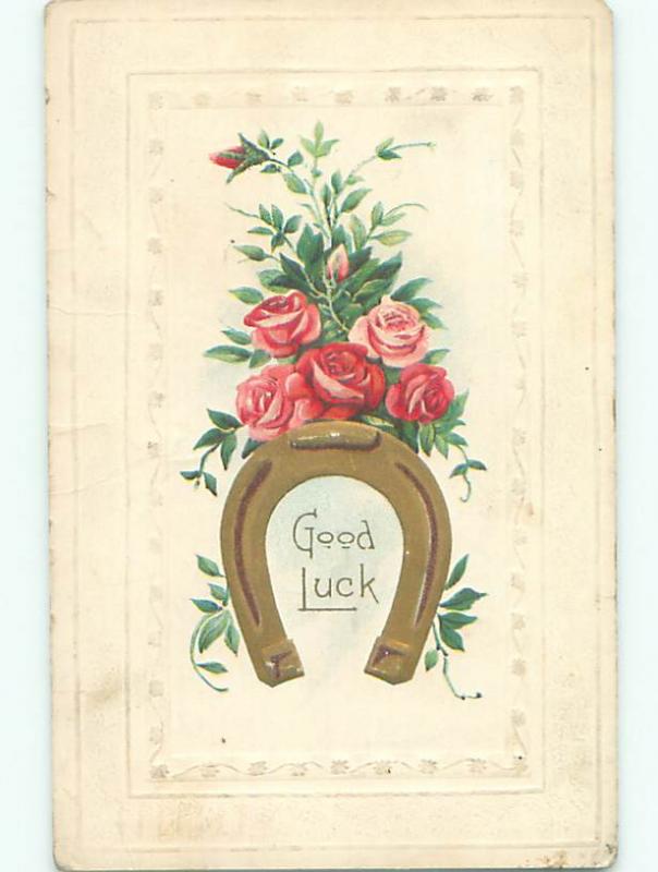 Pre-Linen LUCKY GOLDEN HORSESHOE WITH PINK ROSE FLOWERS k4597