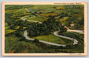 St Joseph Missouri~Aerial Twisted Boulevard Scene~LC Shady~1939 Linen Postcard