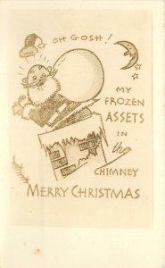 Postcard RPPC 1940s Christmas Santa's Frozen assets comic humor 23-708