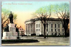 Lynn Massachusetts  Soldiers' Monument and Library  Postcard