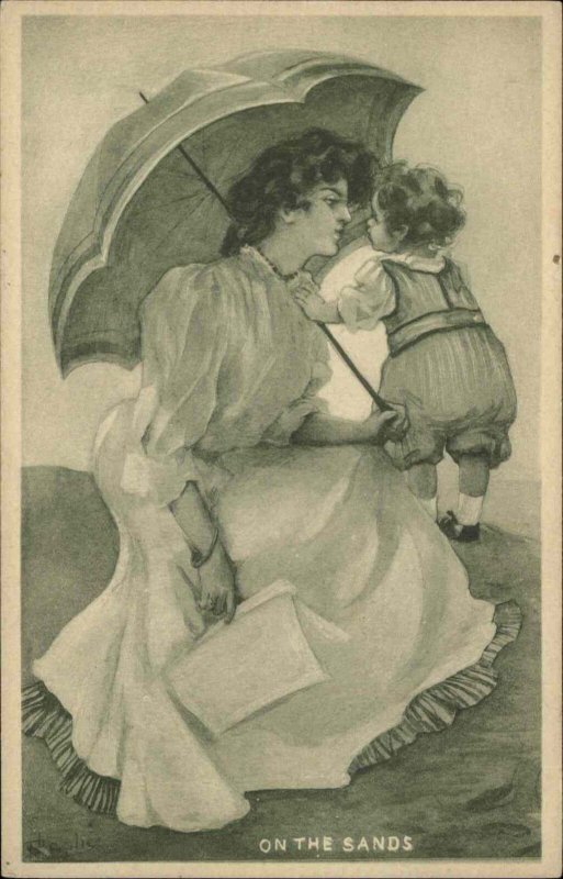 A/S On the Sands Mother and Child Umbrella Toddler c1910 Vintage Postcard