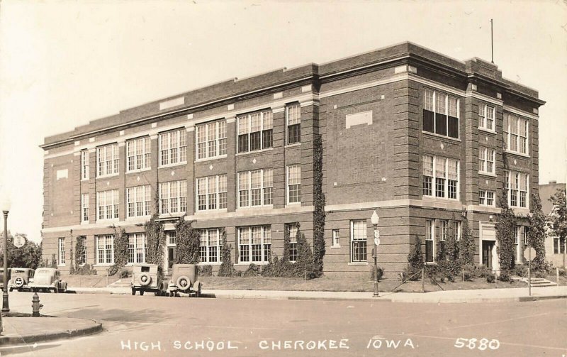 Cherokee IA High School Old Cars Real Photo Postcard