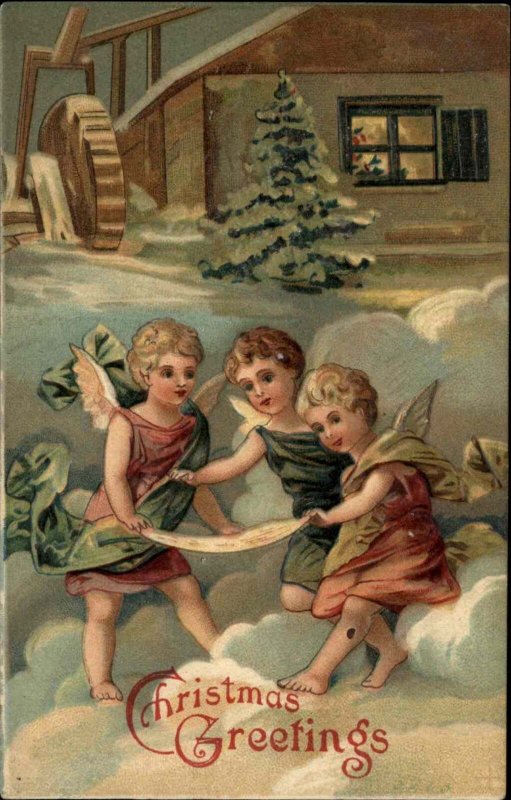 Christmas Little Girl Angels in Snow Embossed c1910 Vintage Postcard