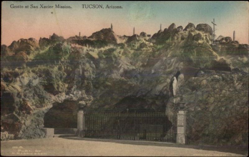 Tucson AZ San Xavier Mission Grotto c1910 Hand Colored Postcard