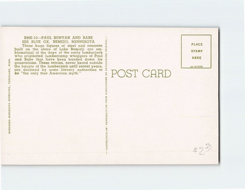 Postcard Paul Bunyan And Babe His Blue Ox Bemidji Minnesota USA