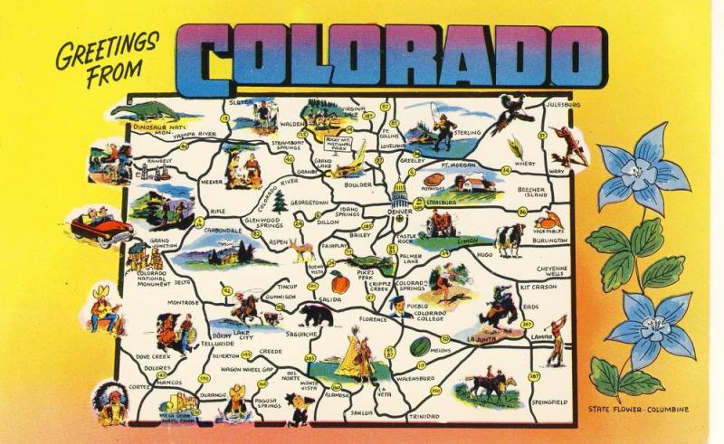 Colorado/CO Postcard, Greetings From Colorado, Map Design