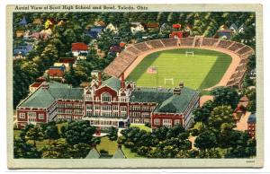 Football Stadium Scott High School Toledo Ohio linen 1940s postcard