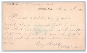 1883 Law Office CB Keller WM Marshall Omaha Nebraska NE Fremont NE Postal Card 