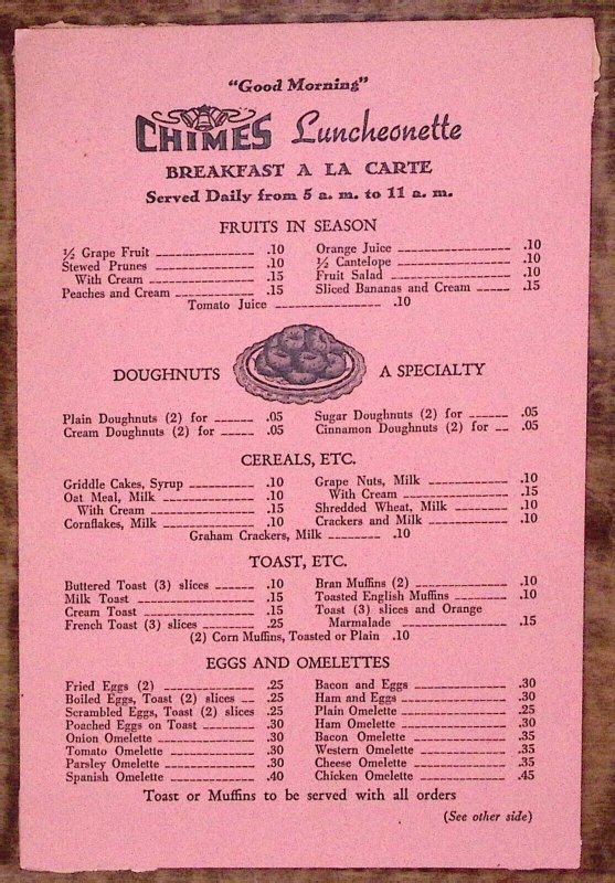 1940s CHIMES LUNCHEONETTE PAWTUCKET RI BREAKFAST A LA CARTE MENU  Z2898