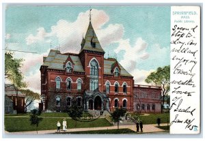 1905 Public Library Building Tower Stair Entrance People Springfield MA Postcard