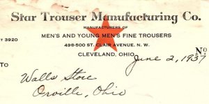 1937 STAR TROUSER MANUFACTURING CO CLEVELAND OHIO BILLHEAD INVOICE Z671