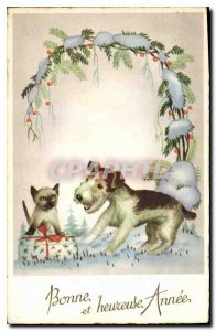 Postcard Good Old Year and Happy Dog Cat