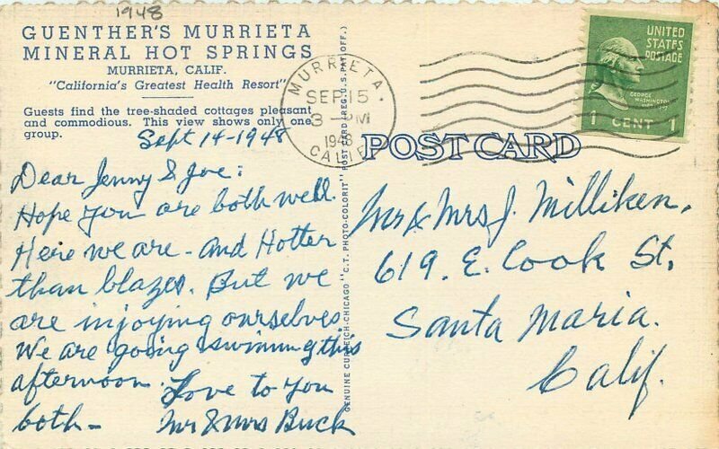 Guenther's Murrietta Mineral Hot Springs Murrietta California postcard 21-1893