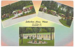US Manning S.C. Suburban Pines Motel. Stamped and mailed in 1959.