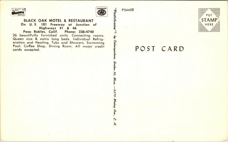 Black Oak Motel Paso Robles California Postcard