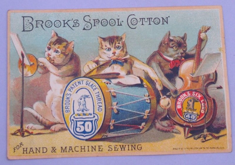 1880s Brook's Spool Cotton Anthropomorphic Cats Band Victorian Trade Card
