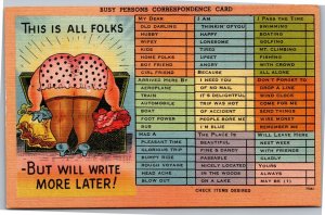 Postcard Busy Correspondence woman bending over this is all folks