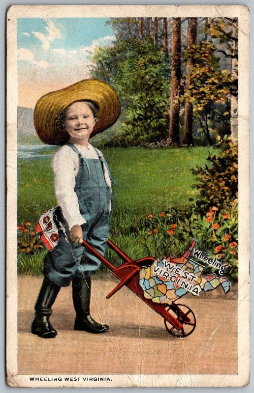 Wheeling West Virginia 1916 Postcard Gardener Boy With Wheelbarrow Map creasing