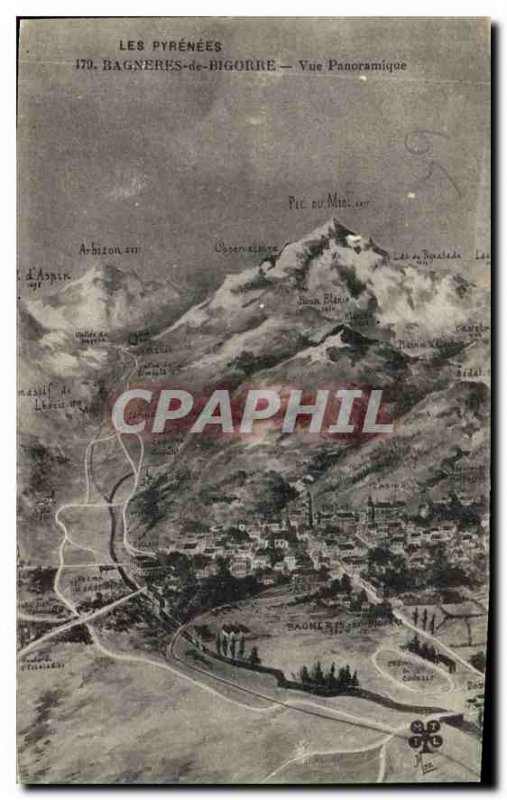 Old Postcard The Pyrenees Bagneres de Bigorre panoramic view
