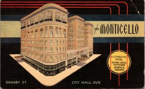 RARE - Vintage The MONTICELLO Hotel ~ Consolvo Hotels ~ Norfolk VA POSTCARD PC  