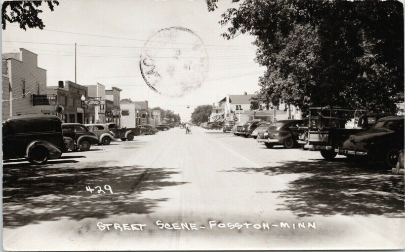 Fosston MN Street Scene John Deere & Ford Signs Tip Top Cafe 1950s Postcard G86