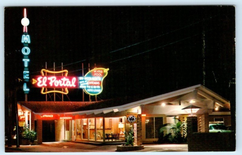 SAN DIEGO, California CA ~ Roadside EL PORTAL MOTEL Night Neon c1960s Postcard