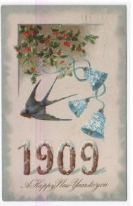 Bird Bells & Holly Berries New Year Date 1909 embossed 